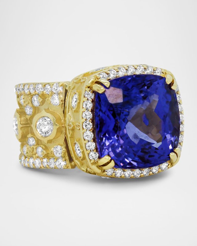 18K Yellow Gold Tanzanite Ring with Diamonds, Size 7.5